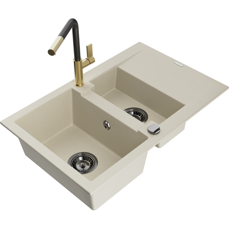 Mexen Gaspar évier en granit 1,5 bac avec égouttoir et robinet de cuisine Flora, beige - 6507-69-670401-57-B