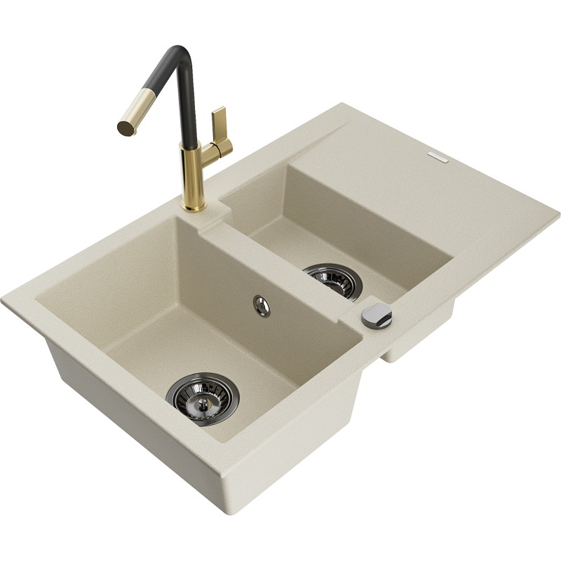 Mexen Gaspar Évier en granit 1,5 cuves avec égouttoir et robinet de cuisine Flora, beige - 6507-69-670401-57-B