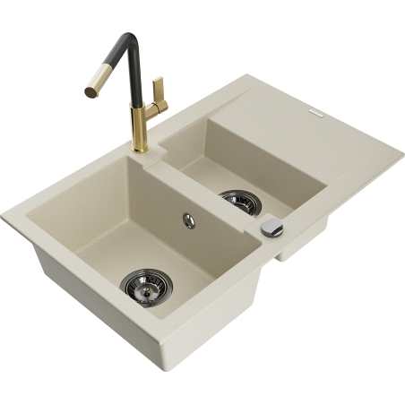 Mexen Gaspar Évier en granit 1,5 cuves avec égouttoir et robinet de cuisine Flora, beige - 6507-69-670401-57-B