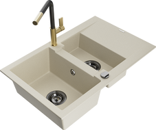 Mexen Gaspar Évier en granit 1,5 cuves avec égouttoir et robinet de cuisine Flora, beige - 6507-69-670401-57-B