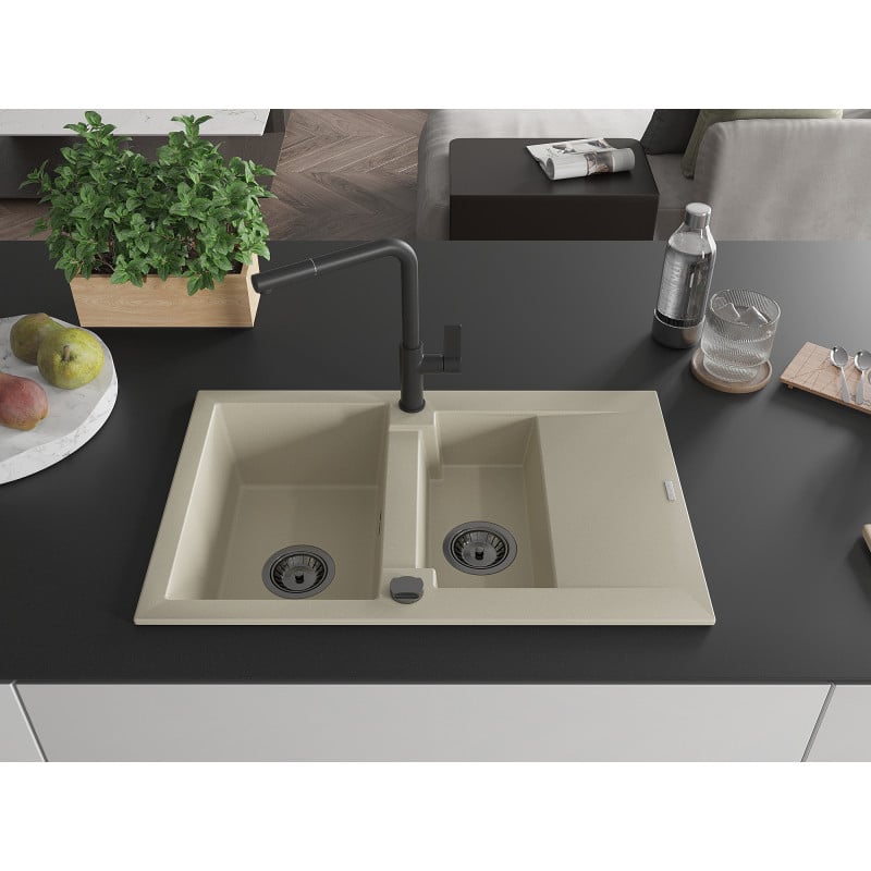Mexen Gaspar évier en granit 1,5 bac avec égouttoir et robinet de cuisine Flora, beige - 6507-69-670401-70-B