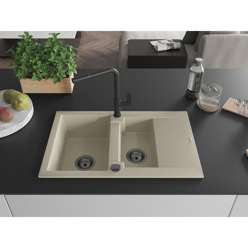 Mexen Gaspar évier en granit 1,5 cuve avec égouttoir et robinet de cuisine Flora, beige - 6507-69-670401-70-B