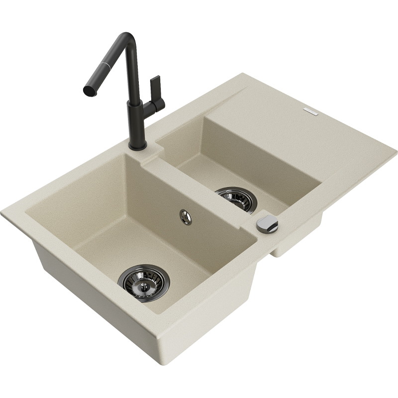 Mexen Gaspar évier en granit 1,5 cuve avec égouttoir et robinet de cuisine Flora, beige - 6507-69-670401-70-B
