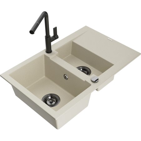 Mexen Gaspar évier en granit 1,5 cuve avec égouttoir et robinet de cuisine Flora, beige - 6507-69-670401-70-B