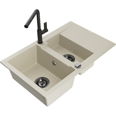 Mexen Gaspar évier granitique 1,5 bac avec égouttoir et robinet de cuisine Flora, beige - 6507-69-670401-70-B