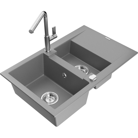 Mexen Gaspar évier en granit 1,5 bac avec égouttoir et robinet de cuisine Flora, gris - 6507-71-670401-00