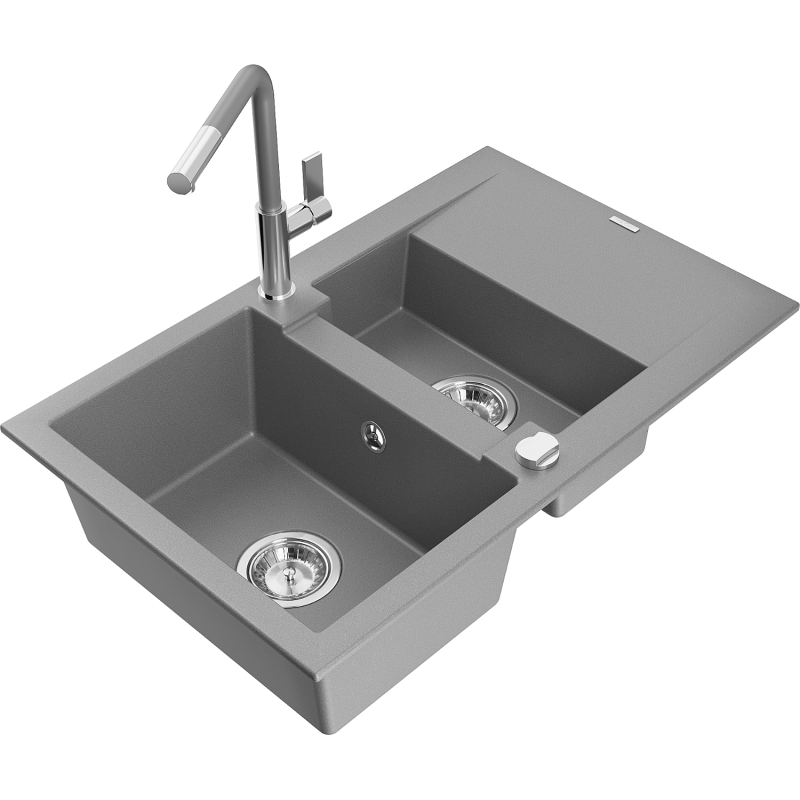 Mexen Gaspar évier en granit 1,5-bassin avec égouttoir et robinet de cuisine Flora, gris - 6507-71-670401-06