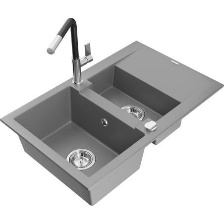 Mexen Gaspar évier en granit 1,5 bac avec égouttoir et robinet de cuisine Flora, gris - 6507-71-670401-07