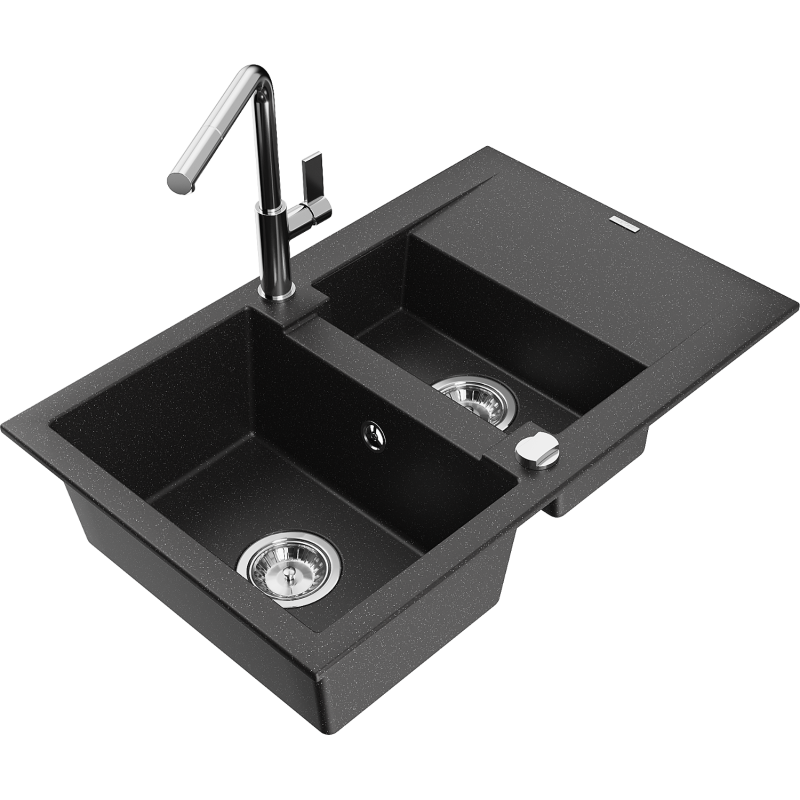 Mexen Gaspar évier en granit 1,5-bac avec égouttoir et robinet de cuisine Flora, noir/argent - 6507-73-670401-00