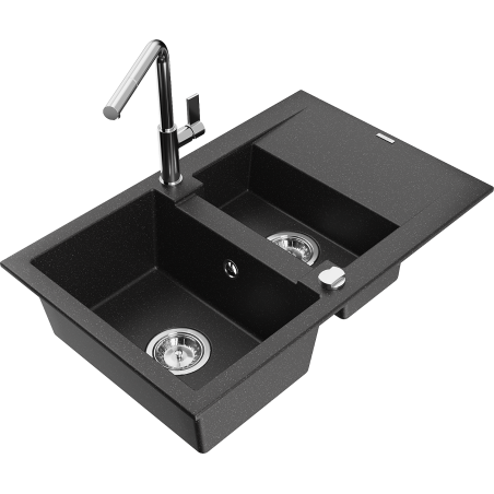Évier en granit Mexen Gaspar 1,5 bac avec égouttoir et robinet Flora, noir/argent - 6507-73-670401-00
