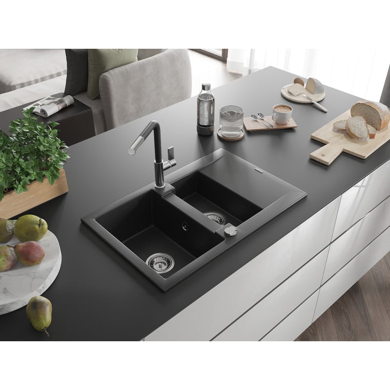Mexen Gaspar évier en granit 1,5 bac avec égouttoir et robinet de cuisine Flora, noir/argent - 6507-73-670401-07