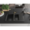 Mexen Gaspar évier en granit à 1,5 bac avec égouttoir et robinet de cuisine Flora, noir/argent - 6507-73-670401-57-B