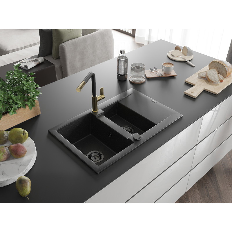 Mexen Gaspar évier en granit 1,5 bac avec égouttoir et mitigeur de cuisine Flora, noir/argent - 6507-73-670401-57-B