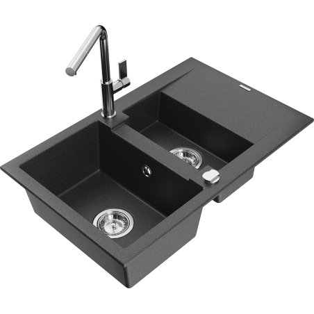 Mexen Gaspar évier en granit 1,5 bac avec égouttoir et robinet Flora, noir moucheté - 6507-76-670401-00
