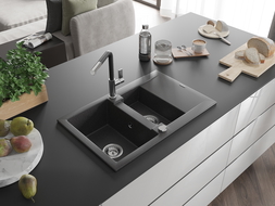 Mexen Gaspar évier granite 1,5 bac avec égouttoir et robinet de cuisine Flora, noir moucheté - 6507-76-670401-07