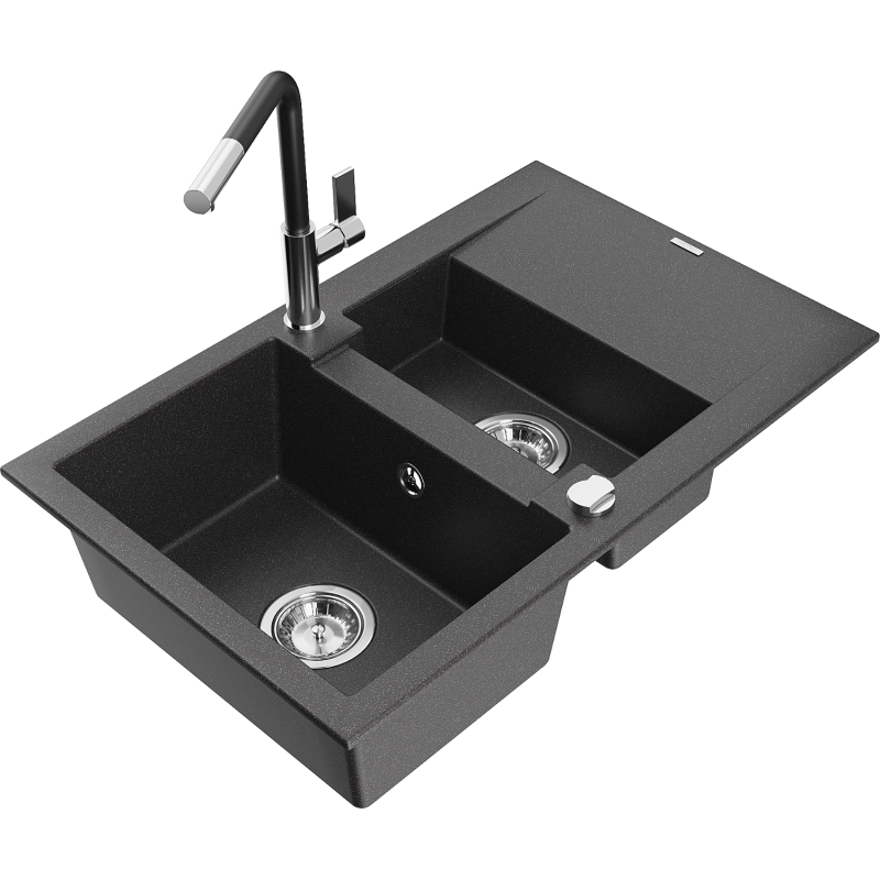 Mexen Gaspar évier granite 1,5 bac avec égouttoir et robinet de cuisine Flora, noir moucheté - 6507-76-670401-07