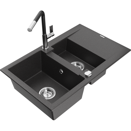 Mexen Gaspar évier granite 1,5 bac avec égouttoir et robinet de cuisine Flora, noir moucheté - 6507-76-670401-07