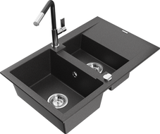 Mexen Gaspar évier granite 1,5 bac avec égouttoir et robinet de cuisine Flora, noir moucheté - 6507-76-670401-07