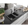 Mexen Gaspar évier en granit 1,5 bac avec égouttoir et robinet de cuisine Flora, noir moucheté - 6507-76-670401-08