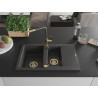 Mexen Gaspar Évier en granit 1,5 bac avec égouttoir et robinet de cuisine Flora, noir moucheté - 6507-76-670401-75-G