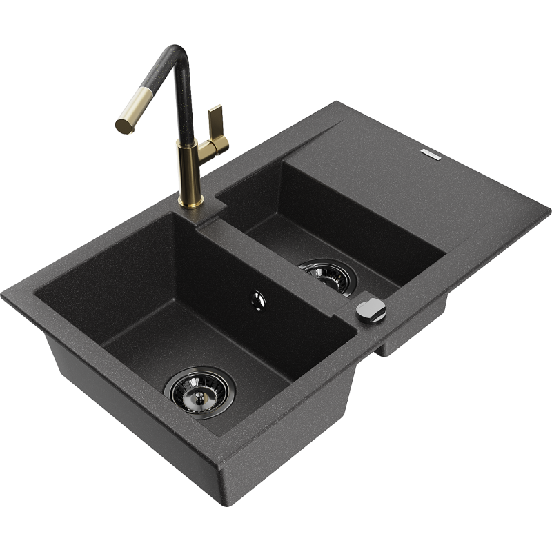 Mexen Gaspar évier granit 1,5 bac avec égouttoir et robinet Flora, noir moucheté - 6507-76-670401-75-B