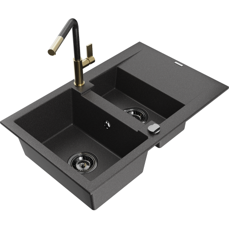 Mexen Gaspar évier granit 1,5 bac avec égouttoir et robinet Flora, noir moucheté - 6507-76-670401-75-B