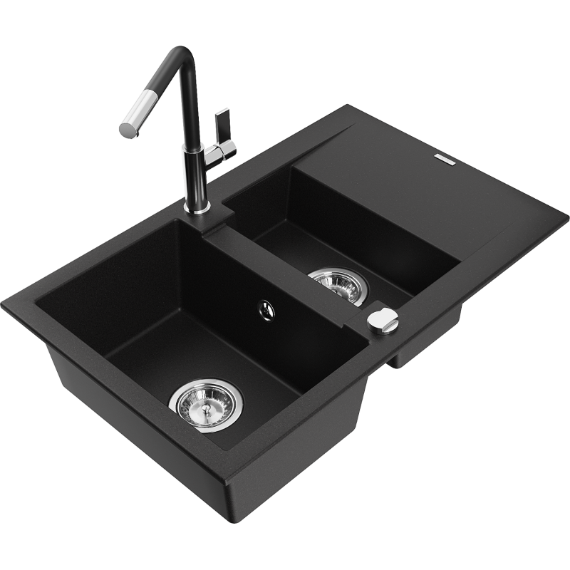 Mexen Gaspar évier en granit 1,5 bac avec égouttoir et robinet de cuisine Flora, noir - 6507-77-670401-07