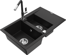 Mexen Gaspar évier en granit 1,5 bacs avec égouttoir et robinet Flora, noir - 6507-77-670401-07