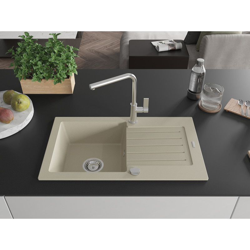 Mexen Pablo évier en granit 1-bassin avec égouttoir et robinet de cuisine Flora, beige - 6510-69-670401-00