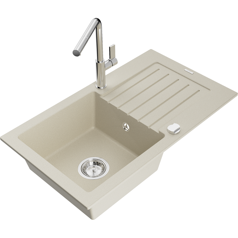 Mexen Pablo évier en granit 1-bassin avec égouttoir et robinet de cuisine Flora, beige - 6510-69-670401-00