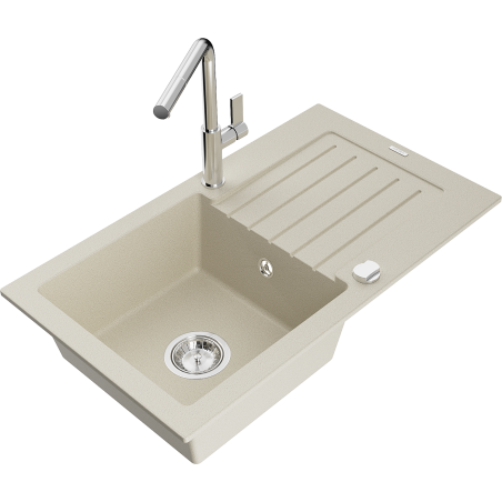 Mexen Pablo évier en granit 1-bassin avec égouttoir et robinet de cuisine Flora, beige - 6510-69-670401-00