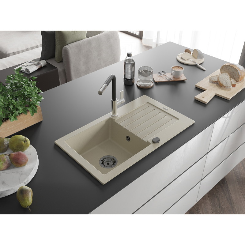 Mexen Pablo Évier en granit à 1 bac avec égouttoir et robinet de cuisine Flora, beige - 6510-69-670401-07-B