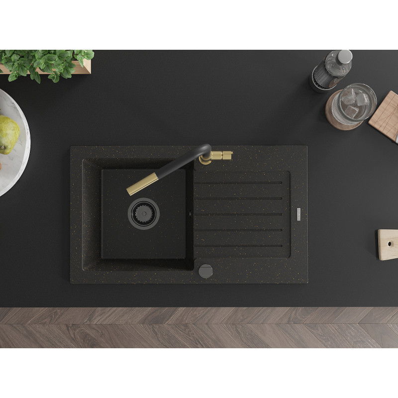 Mexen Pablo évier en granit à 1 bac avec égouttoir et robinet de cuisine Flora, noir/métallique doré - 6510-75-670401-57-B
