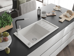 Mexen Elias évier en granit à 1 bac avec égouttoir et robinet de cuisine Flora, blanc - 6511-20-670401-07