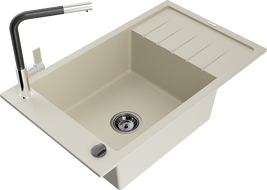 Mexen Elias évier de cuisine en granit à 1 bac avec égouttoir et robinet de cuisine Flora, beige - 6511-69-670401-07