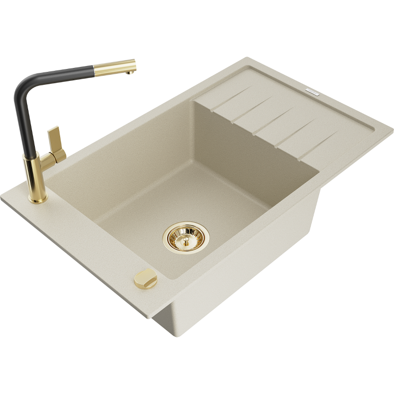 Mexen Elias évier en granit 1 cuve avec égouttoir et robinet de cuisine Flora, beige - 6511-69-670401-57-G