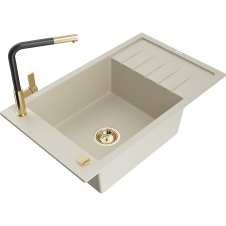 Mexen Elias évier en granit 1 cuve avec égouttoir et robinet de cuisine Flora, beige - 6511-69-670401-57-G