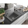 Mexen Elias évier en granit 1 cuve avec égouttoir et robinet de cuisine Flora, gris - 6511-71-670401-06