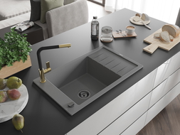 Mexen Elias évier en granit 1 bac avec égouttoir et robinet de cuisine Flora, gris - 6511-71-670401-57-B