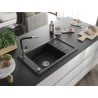 Mexen Elias évier en granit 1 bac avec égouttoir et robinet de cuisine Flora, noir/métallisé argent - 6511-73-670401-07