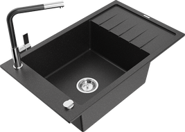Mexen Elias évier en granit 1 bac avec égouttoir et robinet de cuisine Flora, noir/métallisé argent - 6511-73-670401-07