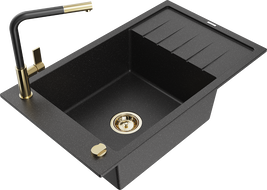 Mexen Elias évier en granit 1 bac avec égouttoir et robinet de cuisine Flora, noir/argent métallisé - 6511-73-670401-57-G