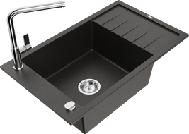Mexen Elias évier en granit à 1 bac avec égouttoir et robinet de cuisine Flora, noir/doré métallisé - 6511-75-670401-00