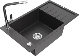 Mexen Elias évier en granit 1 bac avec égouttoir et mitigeur de cuisine Flora, noir moucheté - 6511-76-670401-08
