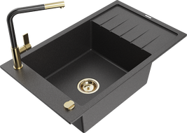 Mexen Elias évier en granit 1 bac avec égouttoir et mitigeur de cuisine Flora, noir moucheté - 6511-76-670401-75-G