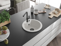 Mexen Diego évier en granit 1 bac avec robinet de cuisine Flora, blanc - 6512-20-670401-70-B