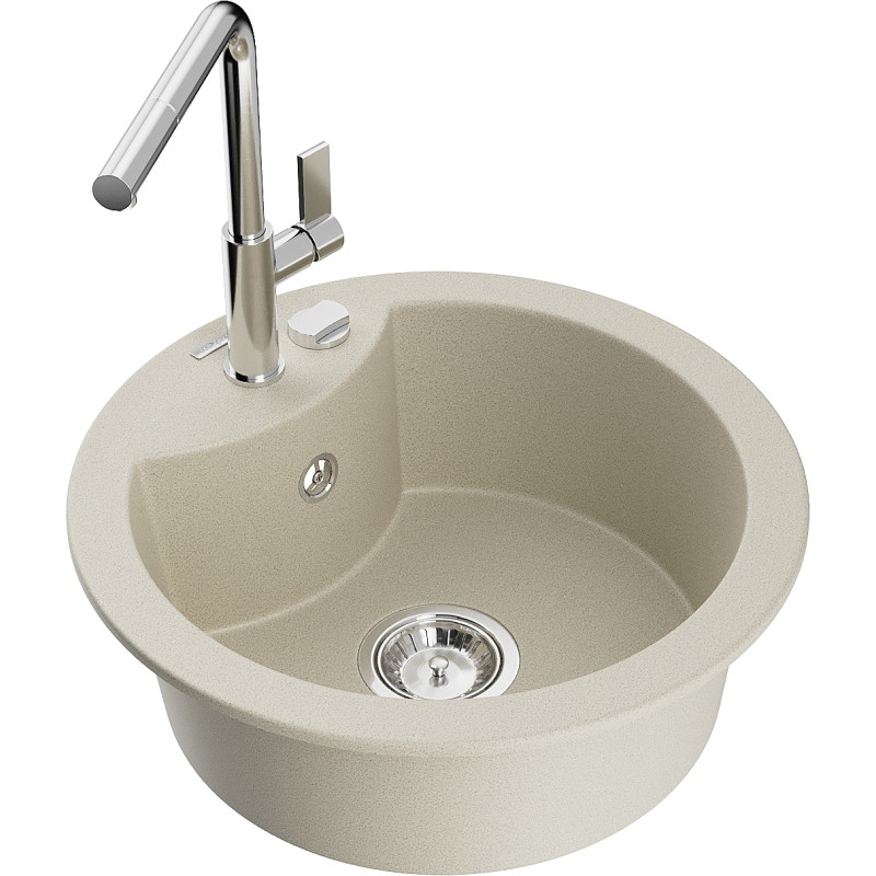 Mexen Diego évier en granit 1 bac avec robinet de cuisine Flora, beige - 6512-69-670401-00