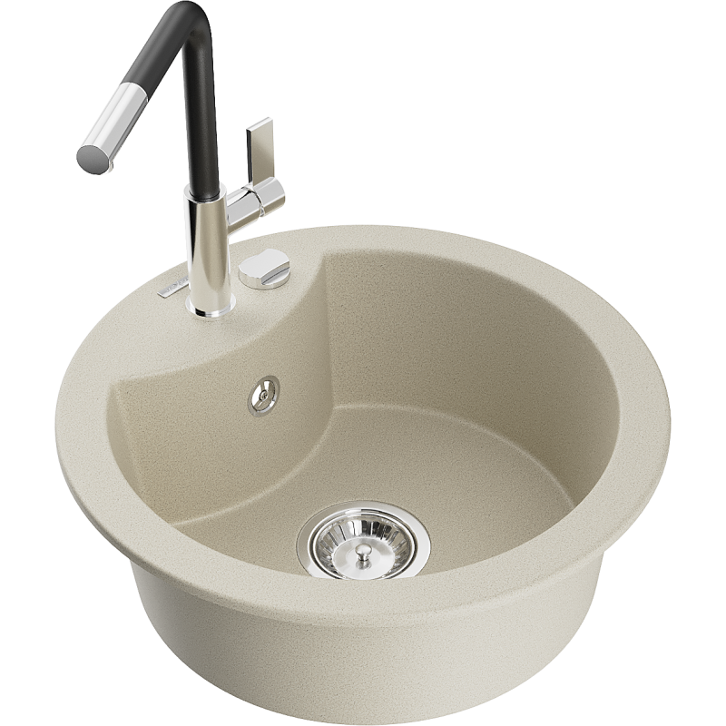 Mexen Diego évier en granit 1 bac avec robinet de cuisine Flora, beige - 6512-69-670401-07