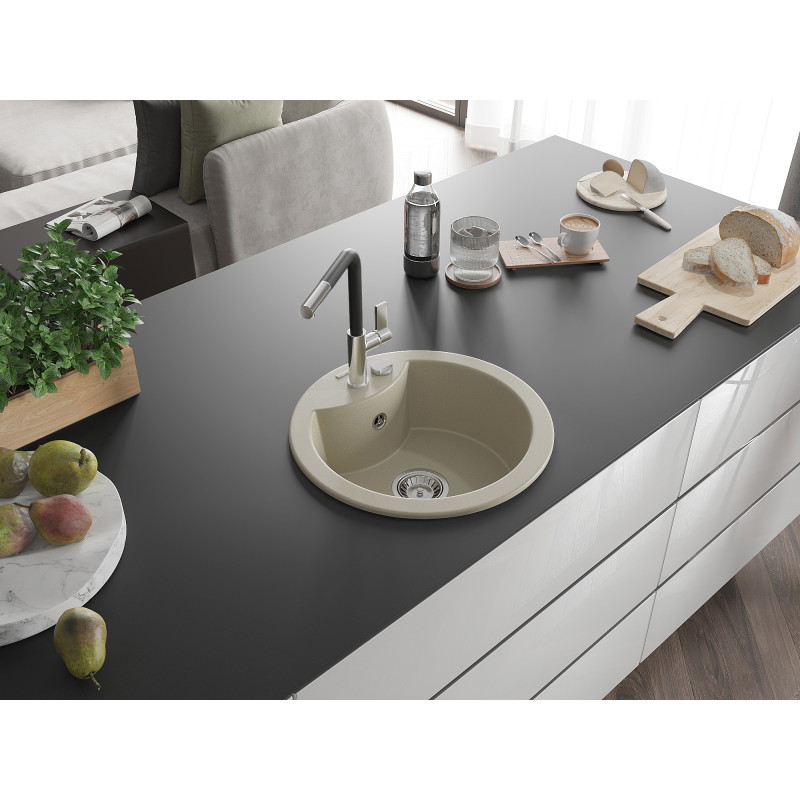 Mexen Diego évier en granit 1 bac avec robinet de cuisine Flora, beige - 6512-69-670401-07