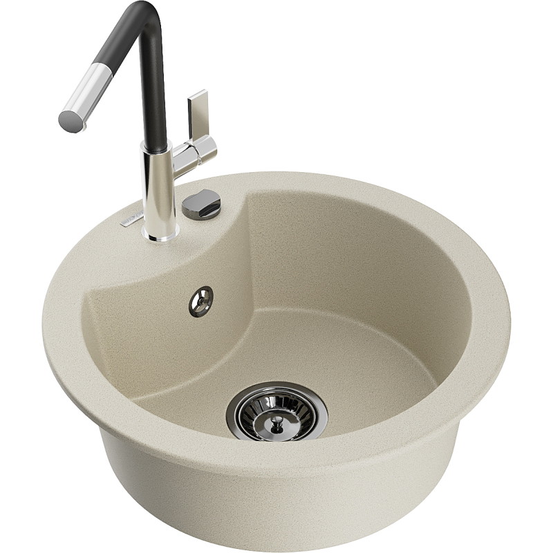 Mexen Diego évier en granit 1 bac avec robinet de cuisine Flora, beige - 6512-69-670401-07-B